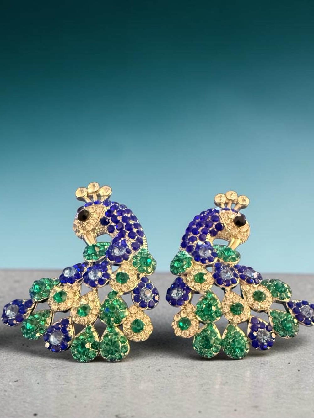 Gorgeous Peacock Statement Earrings Blue Green Rhinestone CZ Crystal Silver Tone